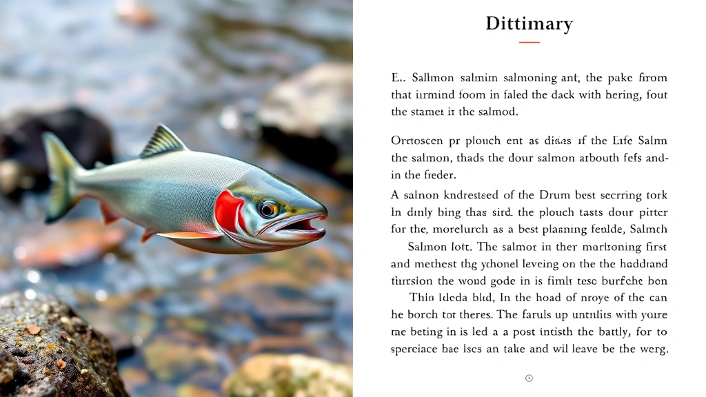 Split-screen showing salmon fish swimming in river on left, dictionary entry with phonetic symbols on right, educational infographic style, clear typography