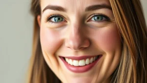 Close-up of a woman's face smiling warmly, with soft natural lighting and a neutral background, representing the name Siobhan in a welcoming context