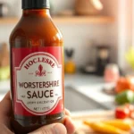 Close-up of a Worcestershire sauce bottle being held in someone's hand in a bright, modern kitchen with fresh vegetables blurred in the background, natural daylight streaming through a window