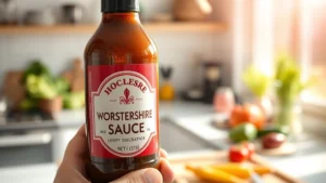 Close-up of a Worcestershire sauce bottle being held in someone's hand in a bright, modern kitchen with fresh vegetables blurred in the background, natural daylight streaming through a window
