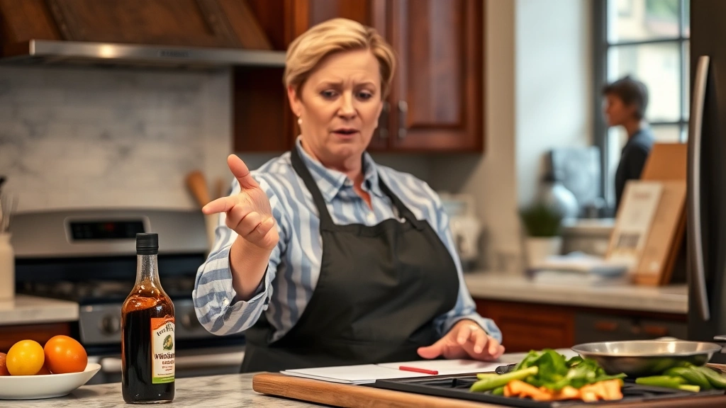 A person confidently speaking or teaching in a kitchen setting, gesturing toward a bottle of Worcestershire sauce on the counter, with recipe cards and cooking ingredients visible, warm professional lighting