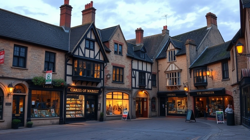 A rustic English market town street scene showing historic buildings and architecture reminiscent of Worcester, England, with natural stone buildings and traditional storefronts, golden hour lighting