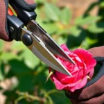 Close-up of sharp pruning shears cutting a rose stem at 45-degree angle, hands in work gloves, green rose foliage visible, daylight gardening setting