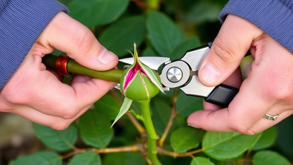 Close-up of hands using bypass pruners cutting a rose cane at 45-degree angle above an outward-facing bud eye, showing proper pruning technique with sharp green stems visible