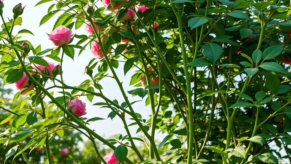 Wide view of a well-pruned rose bush with open structure, healthy green canes spaced apart, and visible air circulation through the plant canopy in morning light