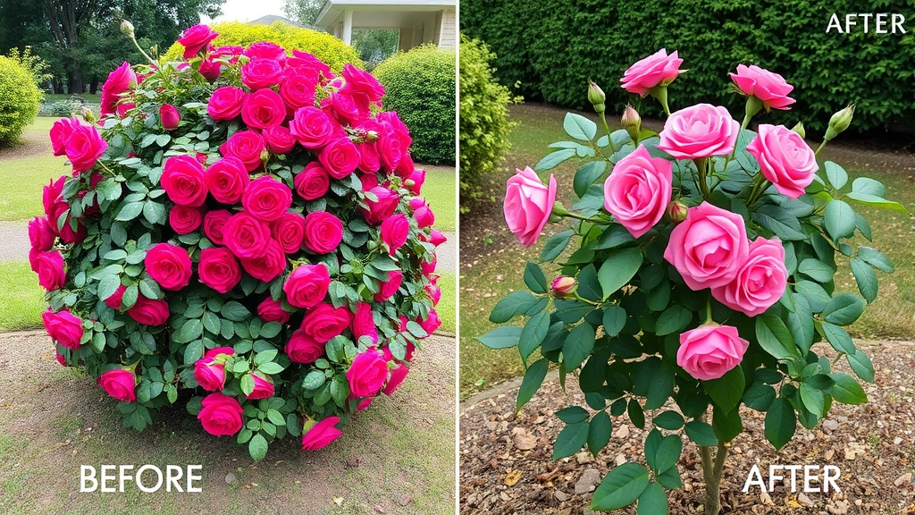 Before and after side-by-side comparison showing an overgrown, congested rose bush on the left and the same rose properly pruned with balanced form and removed dead wood on the right