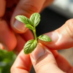 Close-up of hands pinching off the growing tip of a young basil plant, showing the precise location where the thumb and forefinger meet the stem, with fresh green leaves visible and natural sunlight