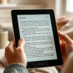 Person holding tablet reading Kindle book in comfortable home setting with coffee cup nearby, warm natural lighting
