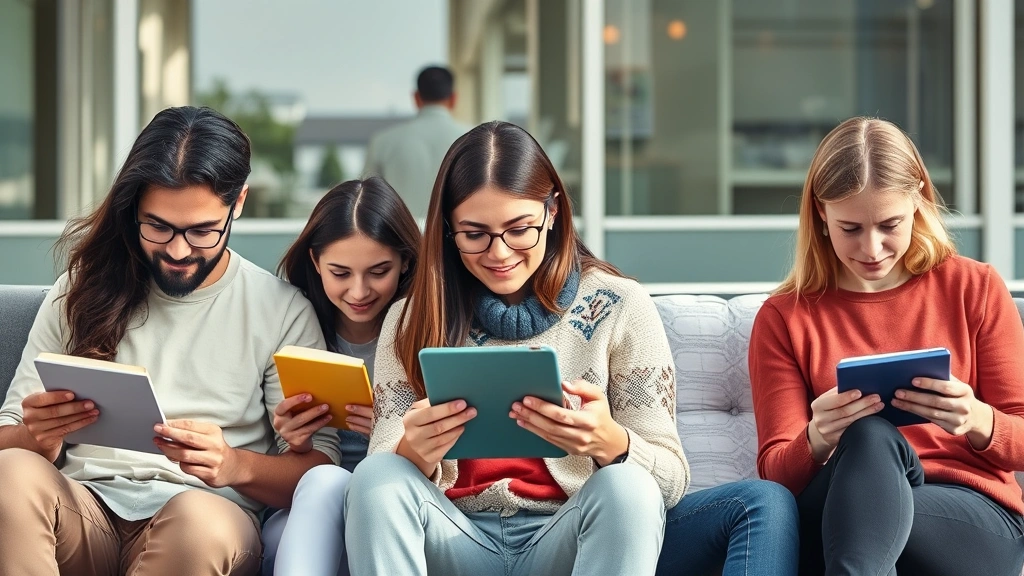 Diverse group of people reading on various devices including e-reader, tablet, and phone in different locations