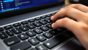 Close-up of a Windows keyboard showing the numeric keypad with numbers highlighted, hands positioned for typing Alt codes, professional home office setting
