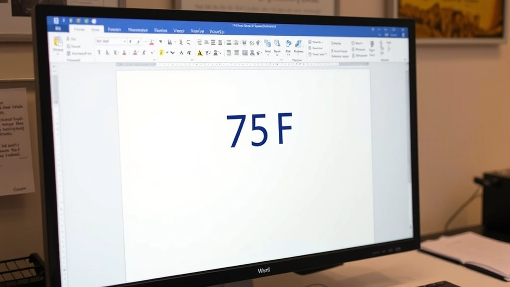 Computer monitor displaying Microsoft Word document with degree symbol inserted in temperature notation (75°F), text editor window with proper formatting example, desk with reference materials