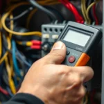 Close-up of a voltage tester being held against electrical wires in a switch box, showing proper testing technique with professional hand positioning, bright lighting, shallow depth of field focusing on the tester probe