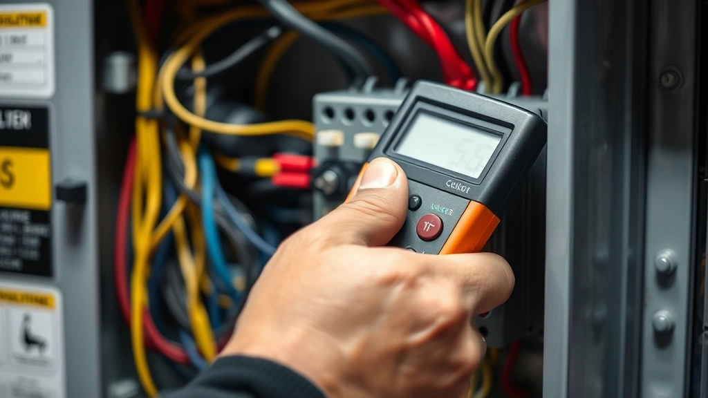 Close-up of a voltage tester being held against electrical wires in a switch box, showing proper testing technique with professional hand positioning, bright lighting, shallow depth of field focusing on the tester probe