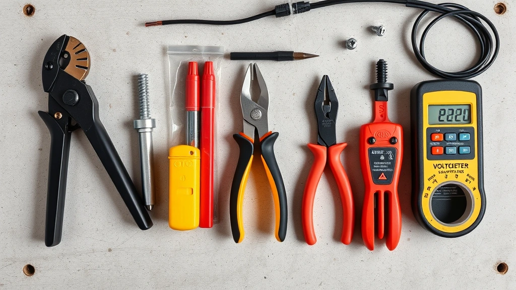 Overhead view of electrical tools laid out on a work surface including wire stripper, needle-nose pliers, screwdrivers, voltage tester, and electrical tape, organized and ready for installation work
