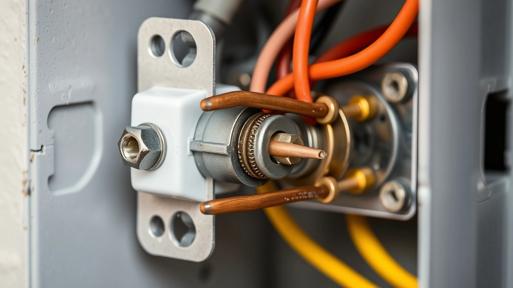 Detailed macro photograph of a light switch being installed into an electrical box, showing properly formed wire hooks around brass and silver screw terminals with clean copper wire ends, professional installation technique demonstrated