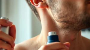 Close-up of man's neck and shoulder area showing cologne spray application, professional lighting, clear skin detail, no face visible, natural indoor setting