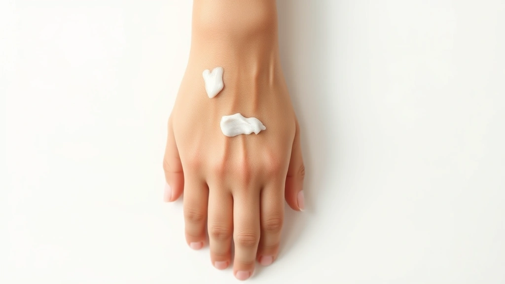 Top-down view of moisturized skin on inner wrist and forearm, hand relaxed on light surface, showing skin texture and preparation for fragrance application