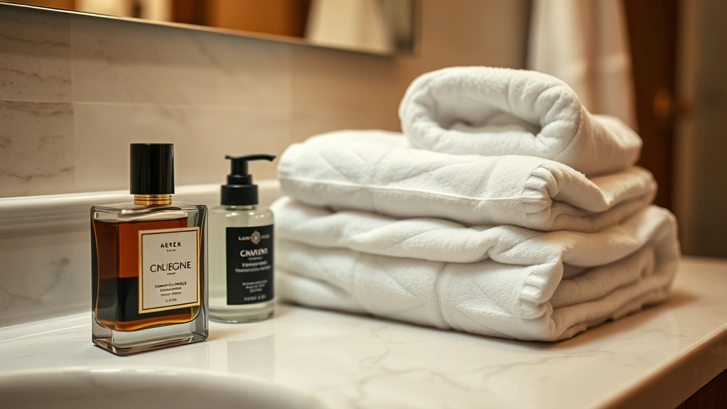 Bathroom vanity scene with cologne bottle, unscented lotion, and clean towels arranged neatly, warm lighting, organized grooming products display
