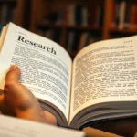 Close-up of hands holding an open research book with highlighter marking key passages, warm library lighting in background, academic study environment