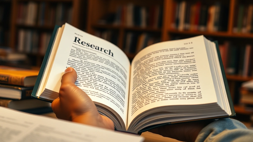 Close-up of hands holding an open research book with highlighter marking key passages, warm library lighting in background, academic study environment