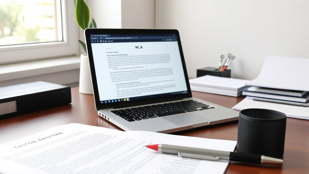 Organized desk with laptop displaying MLA format document, printed papers with citation notes, pen marking quotation marks in red, natural window light