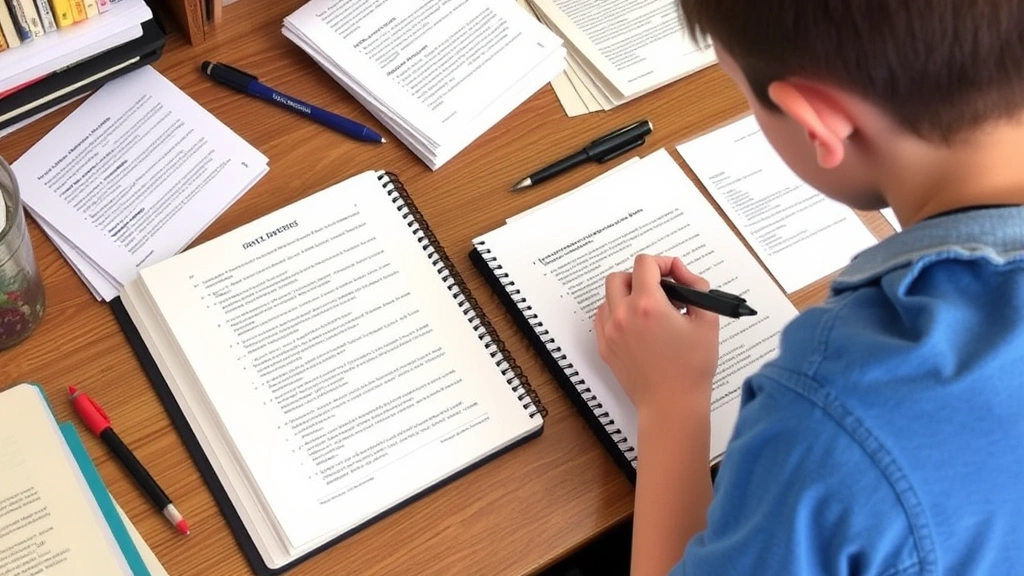 Student writing at desk with open style guide reference book, notebook showing MLA citation examples, organized research materials and index cards nearby