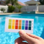 Close-up of hands holding pool test strips over clear blue pool water, showing color comparison chart, sunny day, residential backyard pool setting