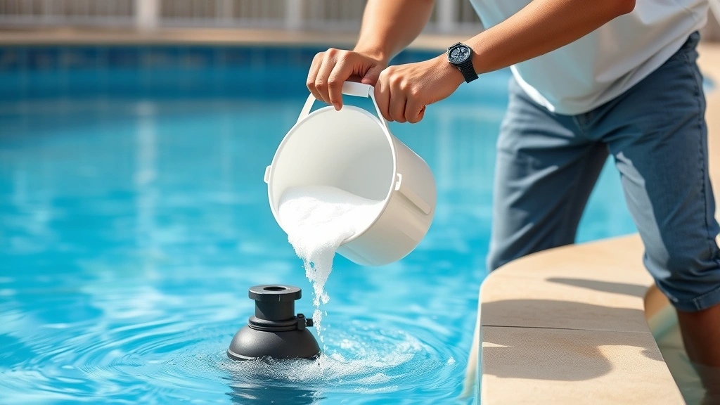 Homeowner pouring dissolved sodium bicarbonate from white bucket into swimming pool while pump runs, pool deck visible, professional casual attire, daytime