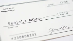 Close-up photograph of a blank check showing all labeled sections including routing number, account number, payee line, amount boxes, date field, and signature line with clear annotations visible on the check paper