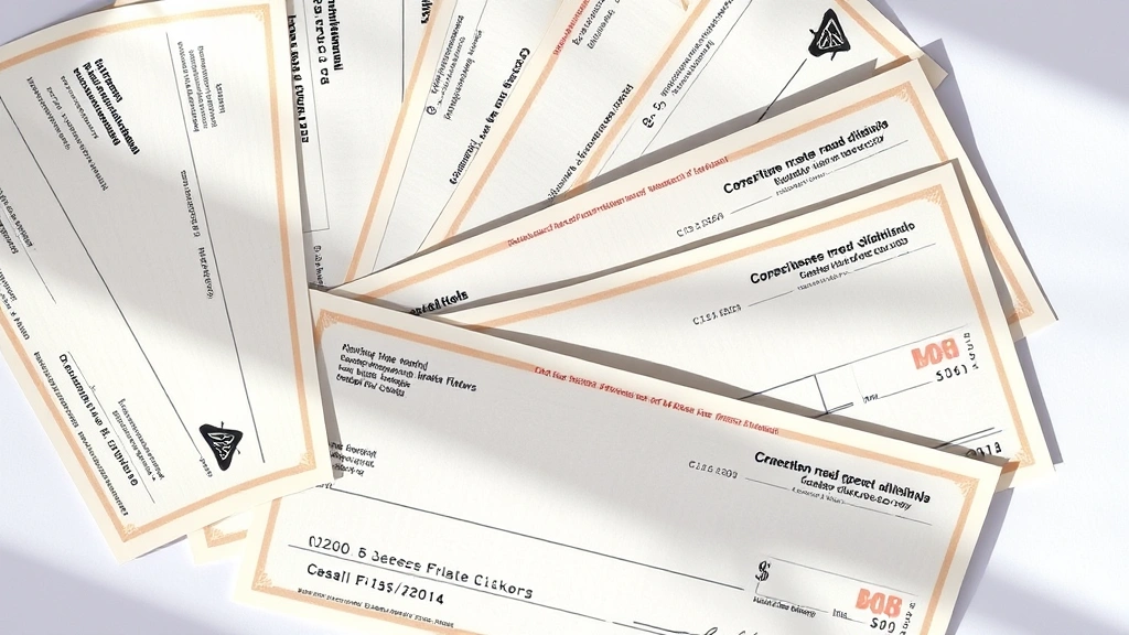 Overhead flat lay photograph of multiple checks fanned out displaying various security features including watermarks, security fibers, and color elements visible in the check stock, with natural lighting