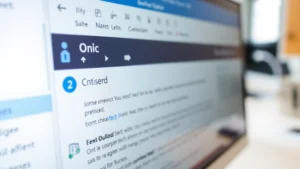 Close-up of a computer screen showing Microsoft Outlook inbox interface with a highlighted email in the sent folder, cursor hovering over the message, professional office desk background