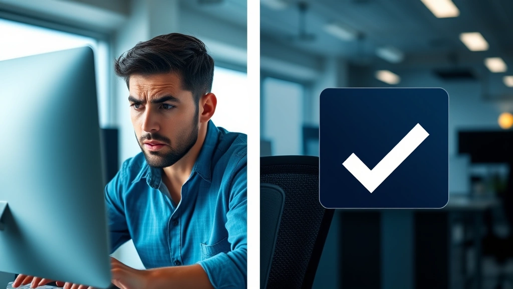 Split-screen image showing a person looking concerned at their computer on the left side, and a checkmark or success notification on the right side, bright office lighting