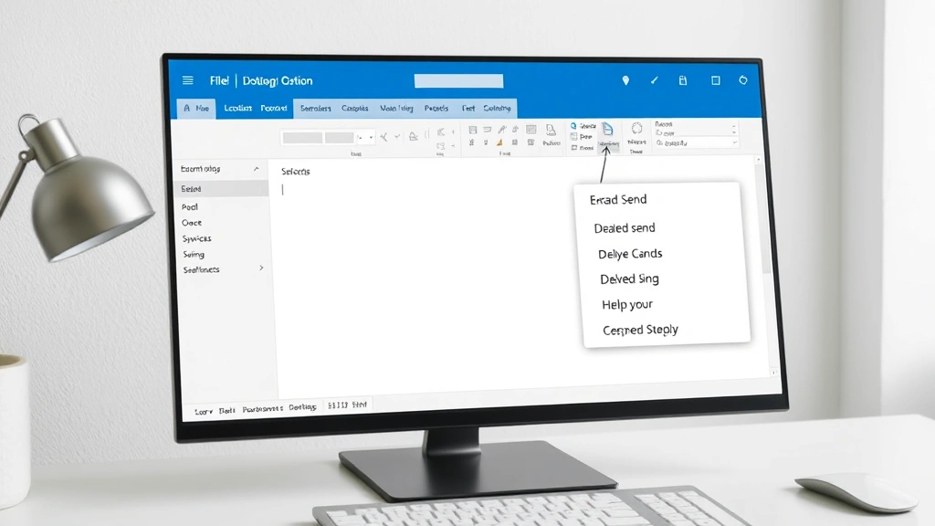 Detailed view of Outlook email composition window with cursor pointing to the send button dropdown menu, showing delayed send options, modern minimalist desk setup