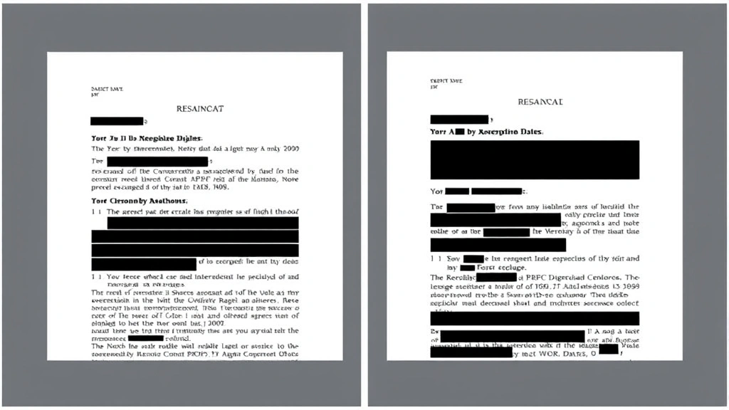 Split-screen comparison showing original PDF document on left with sensitive data visible and redacted version on right with black bars covering personal information completely