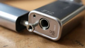 Close-up of a butane lighter refill valve on the bottom of a silver metal lighter, showing the small metal port with protective cap nearby on a wooden workbench