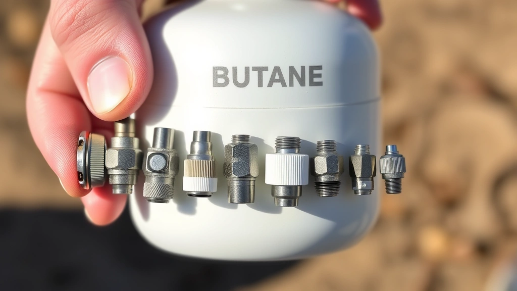 Hand holding a butane refill canister with multiple nozzle adapters lined up, demonstrating different sizes and connections in natural daylight