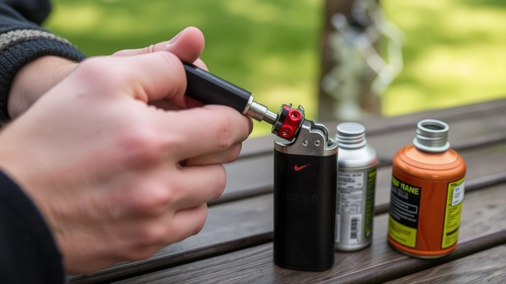 Person pressing a nozzle adapter firmly onto an inverted lighter's refill valve, showing proper technique with butane canister nearby on outdoor table