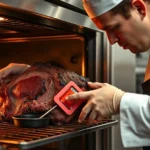 Professional chef carefully placing prime rib roast into low-temperature oven with meat thermometer visible, warm kitchen lighting, focused cooking technique