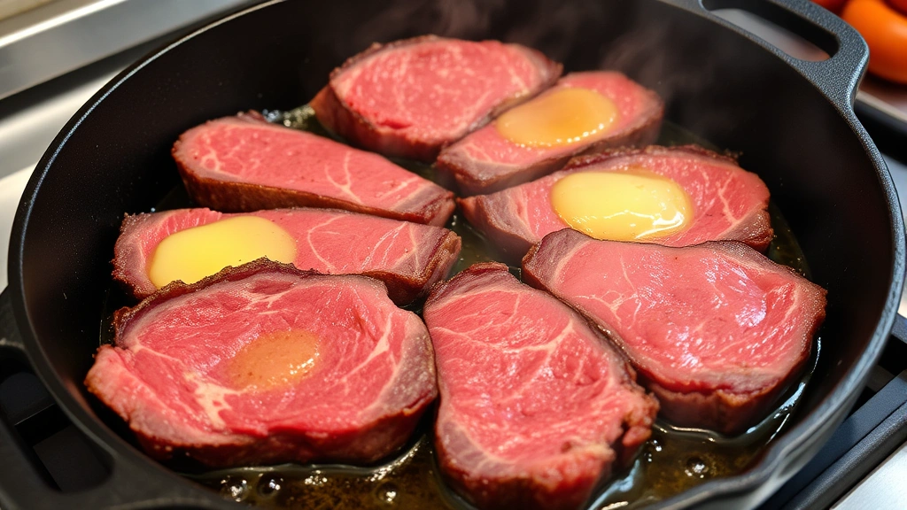 Sliced prime rib steaks being seared in cast-iron skillet with melting butter, golden crust forming, steam rising, professional kitchen setup