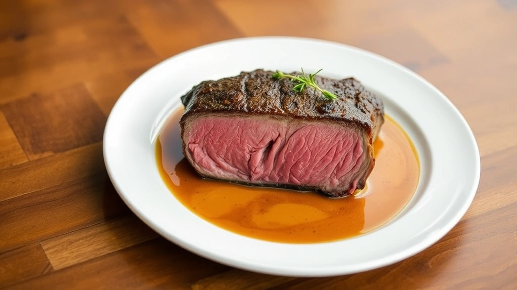 Perfectly reheated prime rib steak on white plate with au jus gravy poured around it, medium-rare pink center visible in cross-section, garnished with fresh herbs