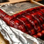 Close-up of ribs being wrapped tightly in aluminum foil on a baking sheet in a home kitchen, showing the glossy meat surface with smoke ring visible, professional food photography lighting