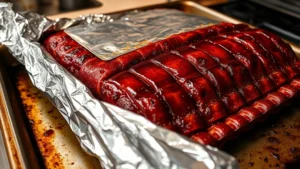 Close-up of ribs being wrapped tightly in aluminum foil on a baking sheet in a home kitchen, showing the glossy meat surface with smoke ring visible, professional food photography lighting