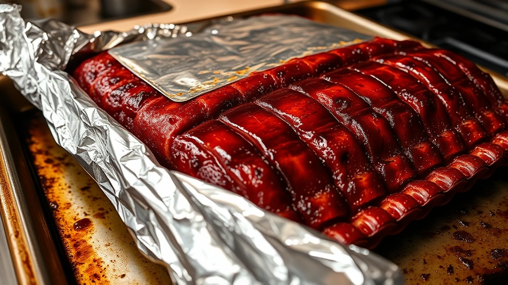 Close-up of ribs being wrapped tightly in aluminum foil on a baking sheet in a home kitchen, showing the glossy meat surface with smoke ring visible, professional food photography lighting