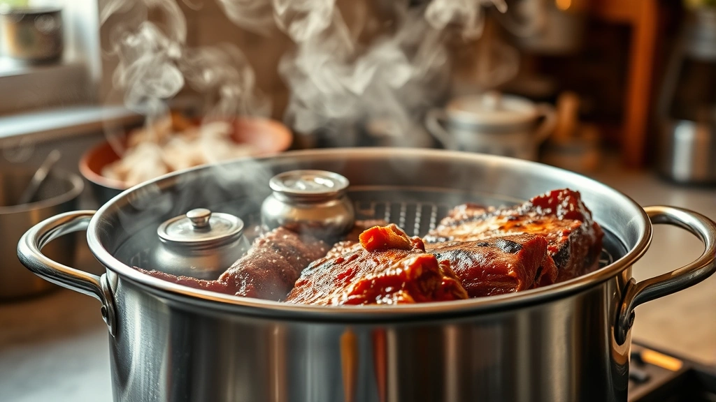 Steam rising from a large stainless steel pot with a steamer basket containing ribs, warm kitchen lighting, moisture droplets visible, authentic home cooking environment