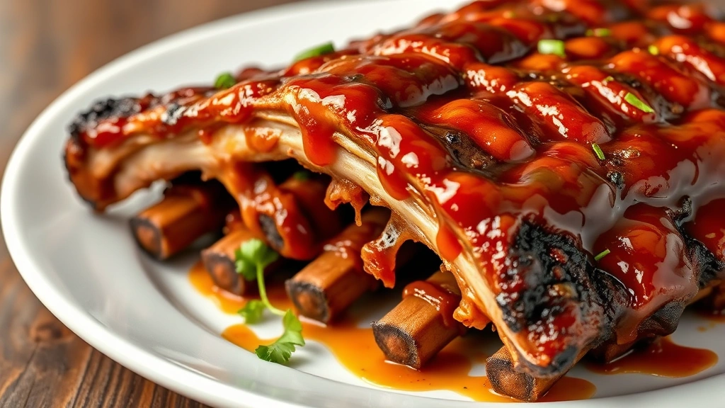 Perfectly reheated ribs on a white plate with caramelized barbecue sauce glaze, tender meat pulling away from bones, garnished with fresh herbs, professional food styling with natural lighting