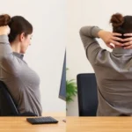 Person performing shoulder rolls and neck stretches at a desk, demonstrating proper posture alignment with relaxed shoulders