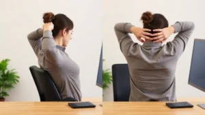 Person performing shoulder rolls and neck stretches at a desk, demonstrating proper posture alignment with relaxed shoulders