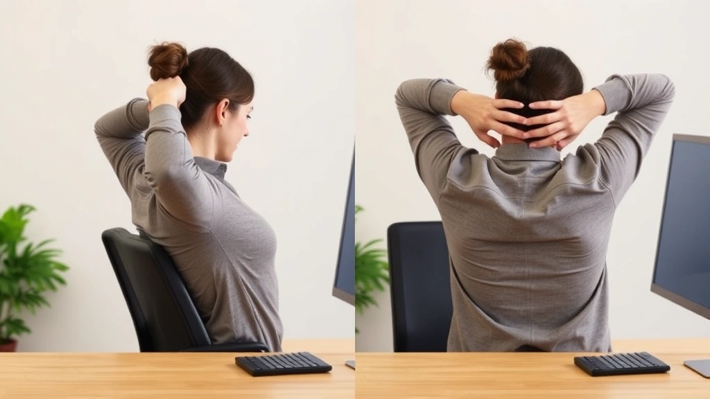 Person performing shoulder rolls and neck stretches at a desk, demonstrating proper posture alignment with relaxed shoulders