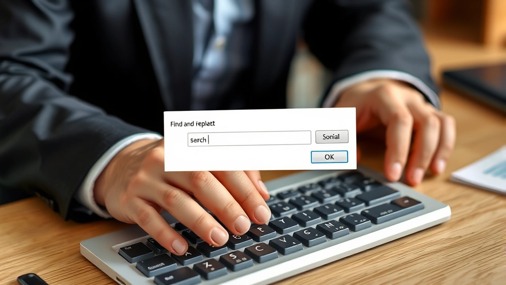 Person's hands on keyboard demonstrating Find and Replace dialog box open in Word with section break search parameters entered, professional office setting