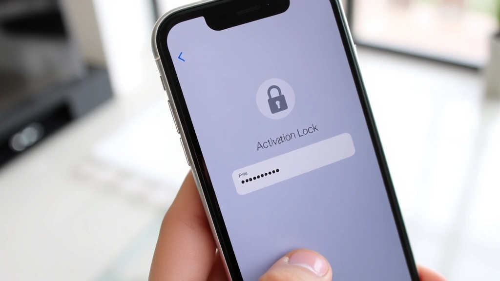 Close-up of iPhone screen showing Activation Lock login prompt with Apple ID field and password entry, hands holding device, modern home interior background, natural lighting